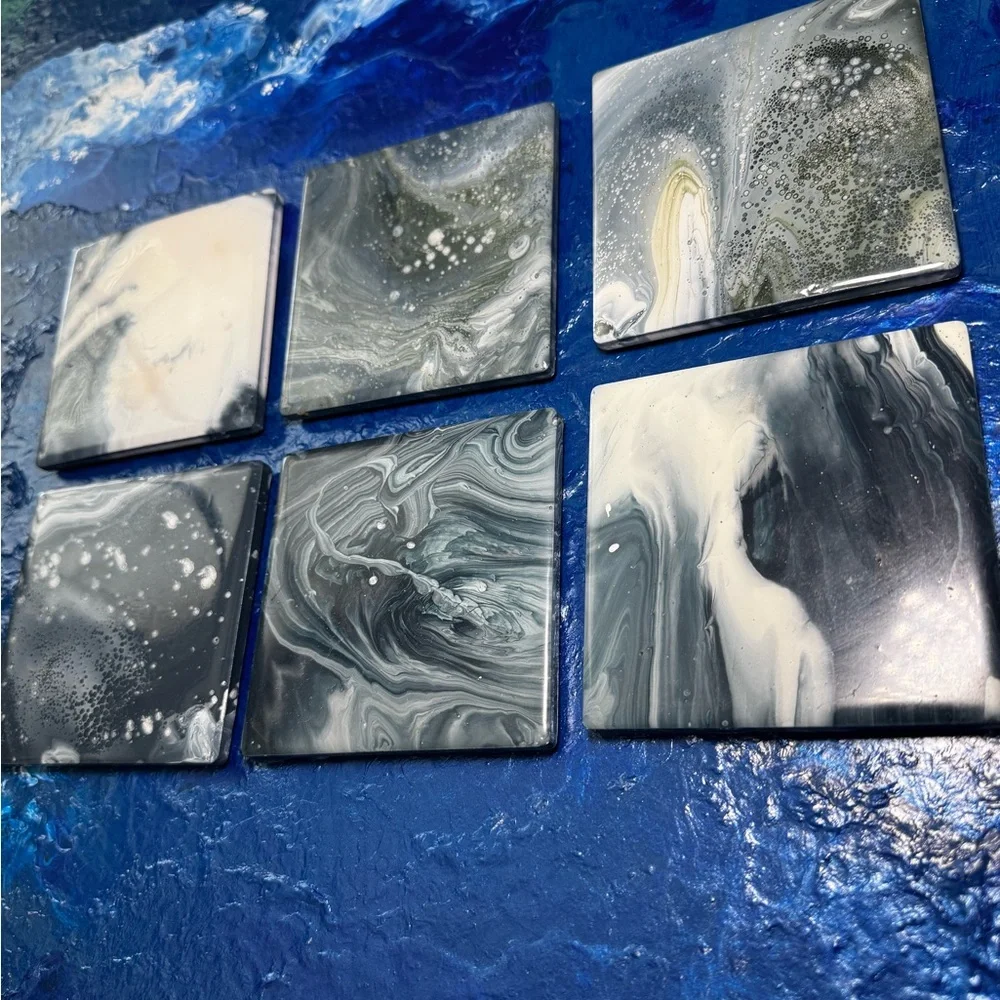 6 COASTER GREY WHITE Marble Coasters Set W/Holder EASTER GIFT
